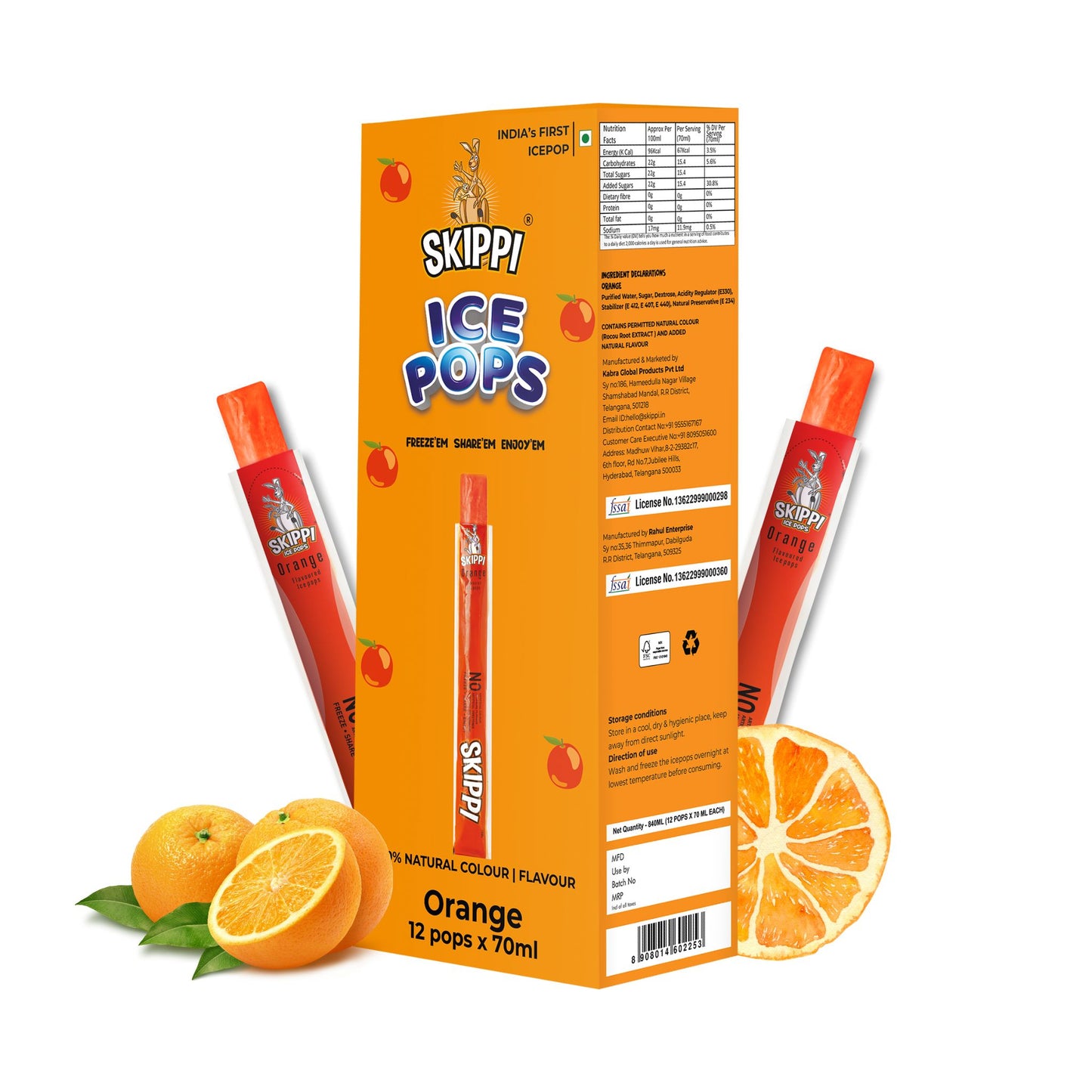 Skippi Orange Flavor Ice Pop, Case of 10 units - Skippi