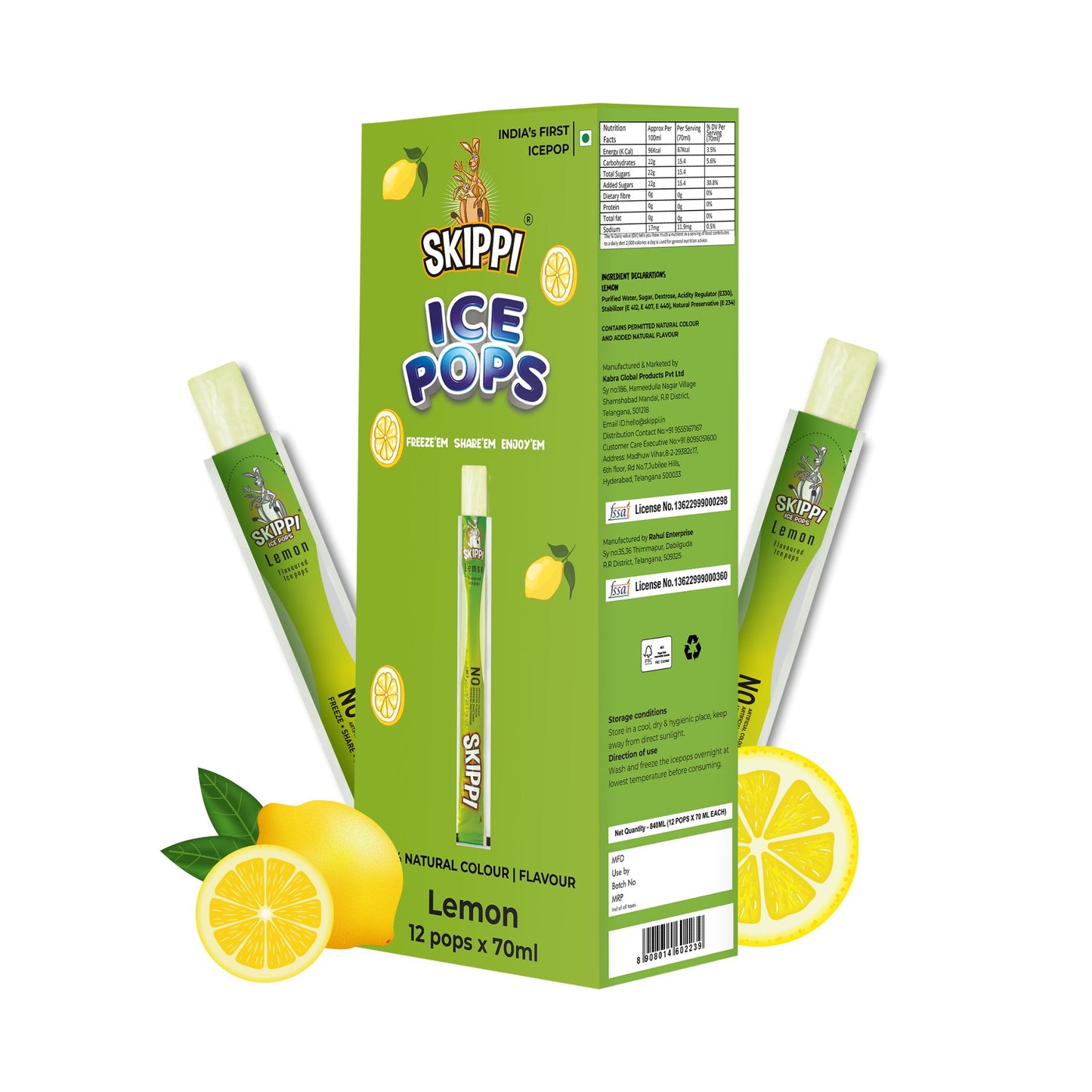 Skippi Lemon Flavor Ice Pop, Case of 10 Units - Skippi