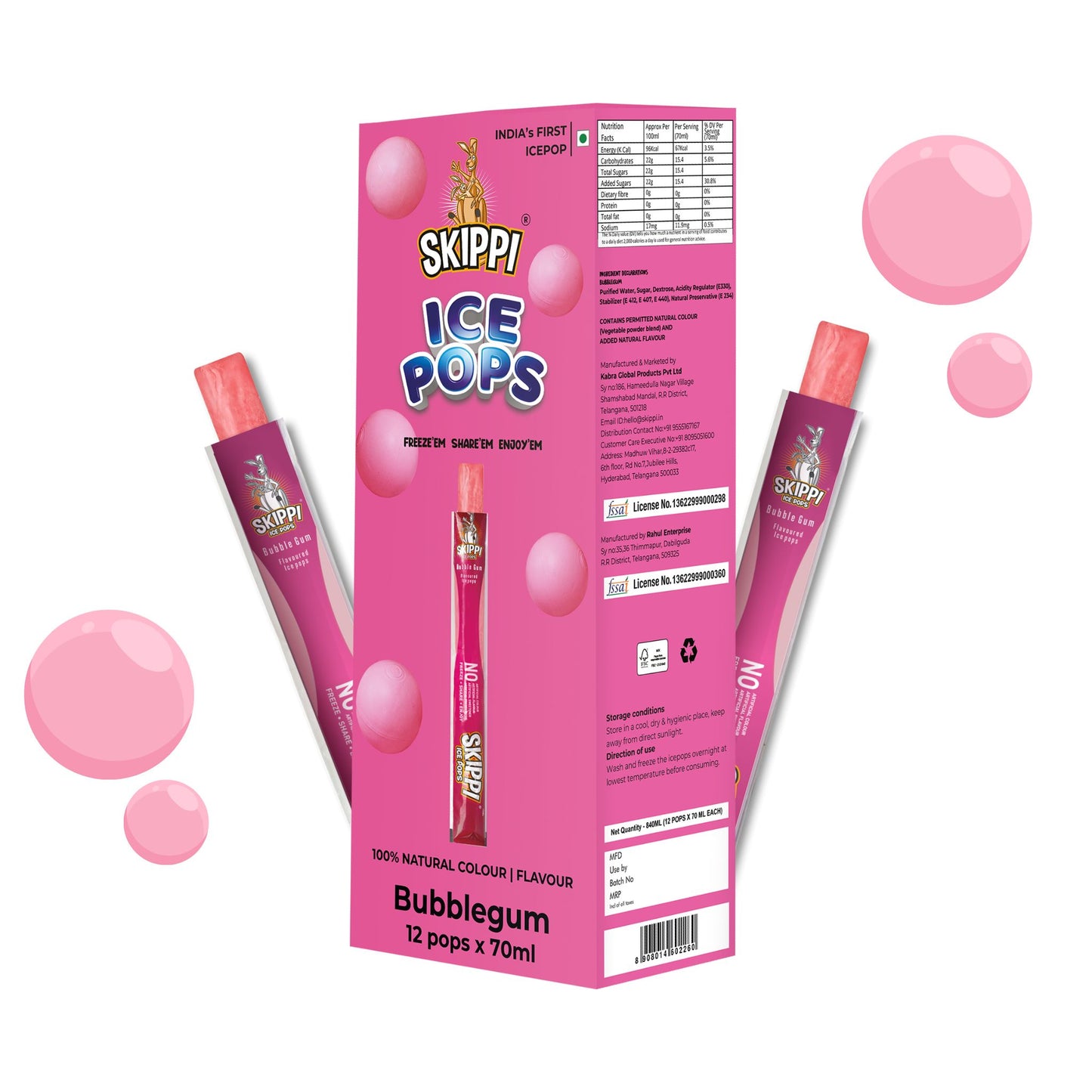 Skippi Bubble Gum Flavor Ice pop, Case of 10 units - Skippi