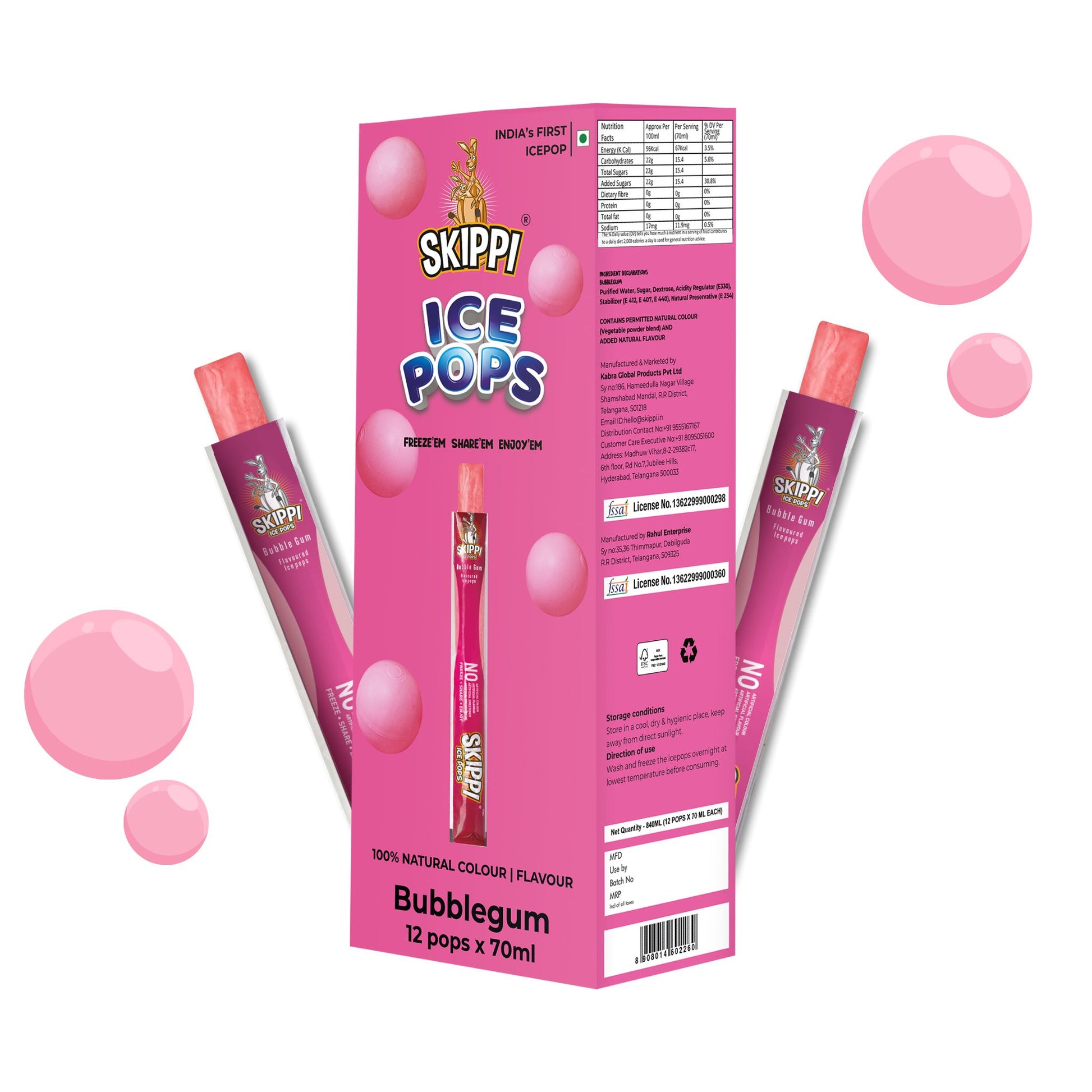 Skippi Bubble Gum Flavor Ice pop, Case of 10 units - Skippi