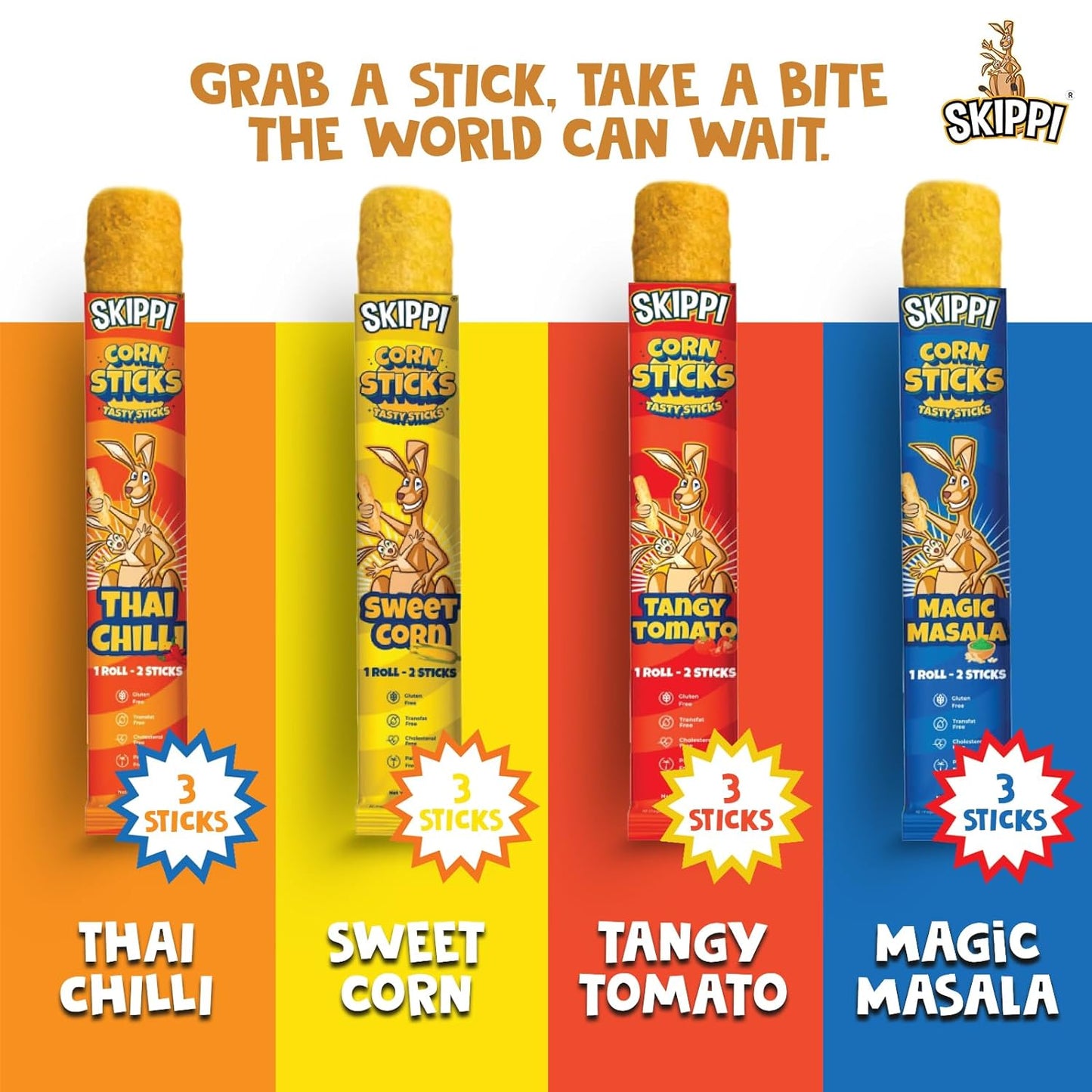 Healthy Namkeen Skippi corn sticks comes in 4 flavors