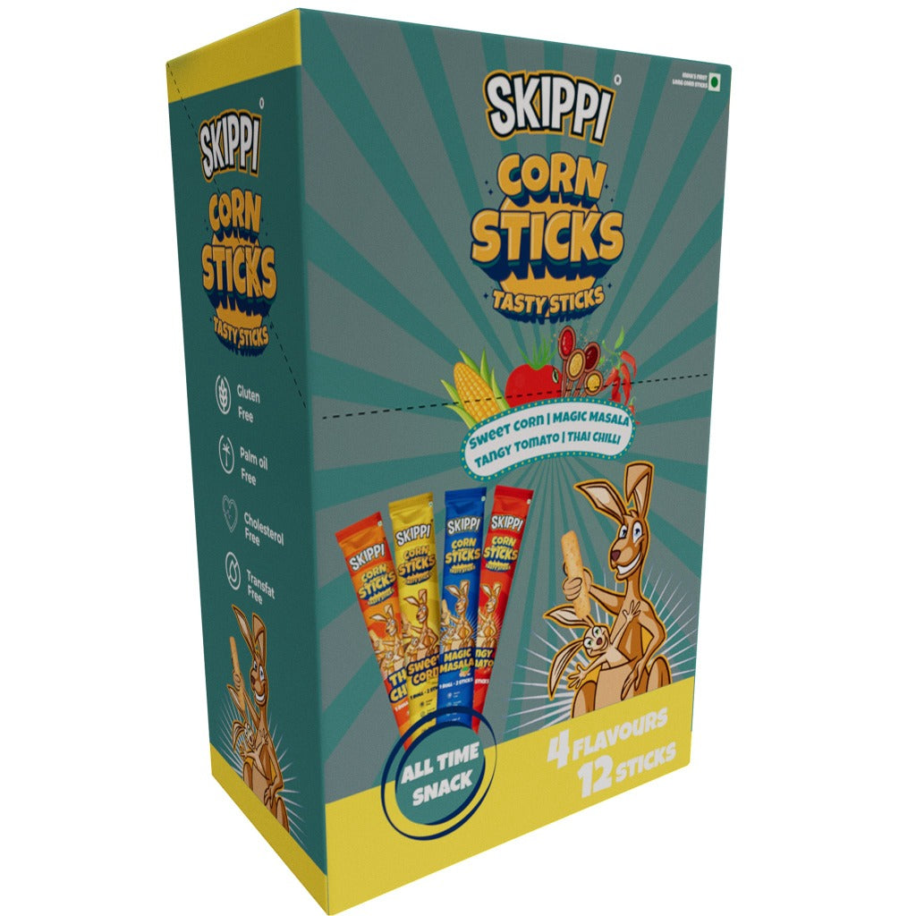 Box of Skippi Corn Sticks (Sweet Corn, Thai Chilli, Magic Masala, and Tangy Tomato)