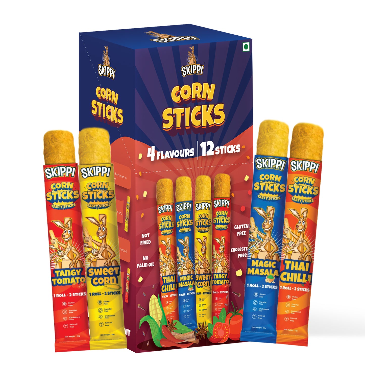 (12 Sticks)All Time Snack of Skippi Tasty namkeen Corn Sticks, 4 flavors (Sweet Corn, Magic Masala, Tangy Tomato & Thai Chilli), 144g (12g x 12 Rolls) (design) - Skippi