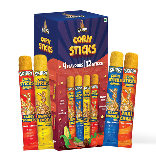 (12 Sticks)All Time Snack of Skippi Tasty namkeen Corn Sticks, 4 flavors (Sweet Corn, Magic Masala, Tangy Tomato & Thai Chilli), 144g (12g x 12 Rolls) (design) - Skippi