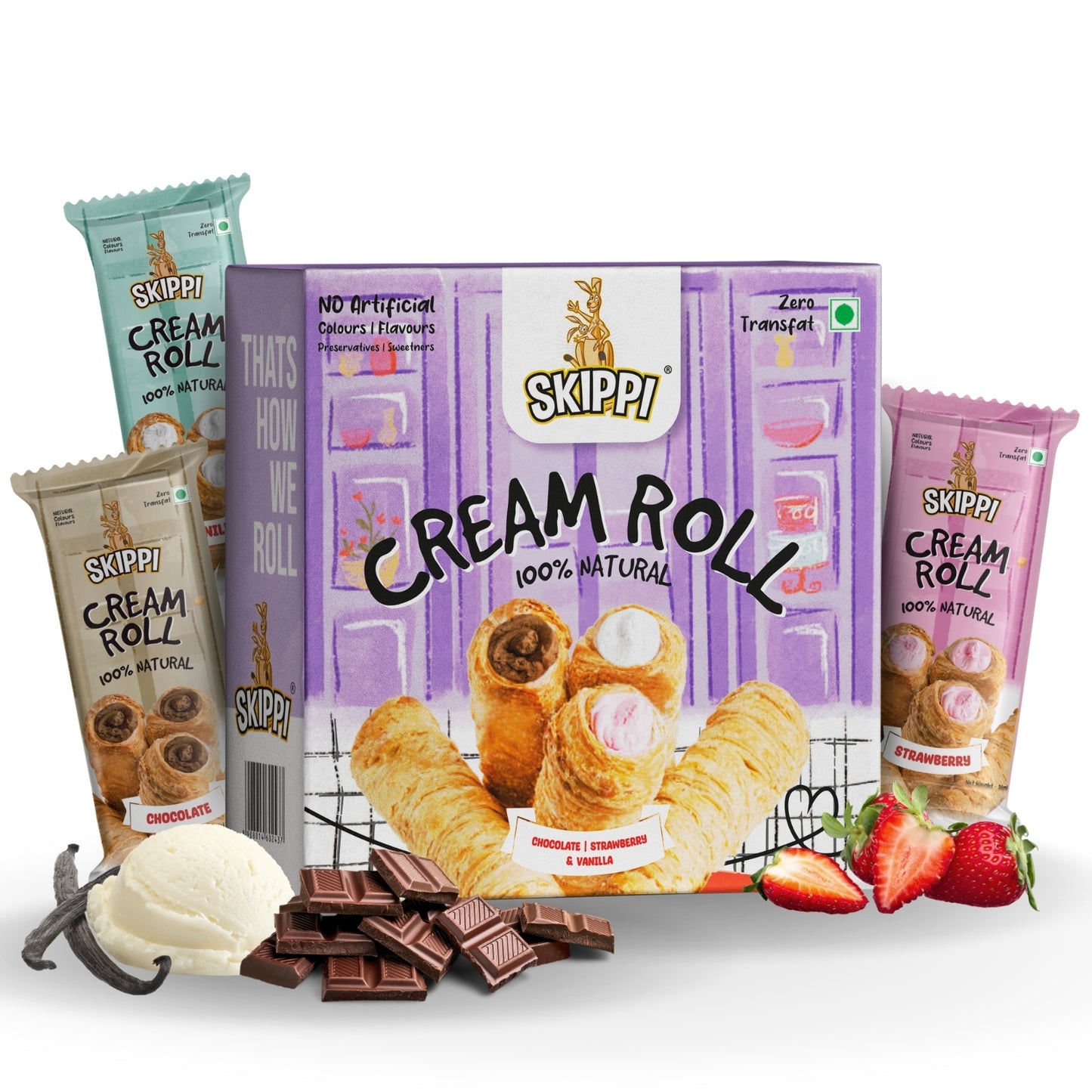 Cream Rolls Skippi Pack of 2,delightful assorted box of 6 rolls(180gm) 2 Vanilla,2 Chocolate & 2 Strawberry Flavor. - Skippi