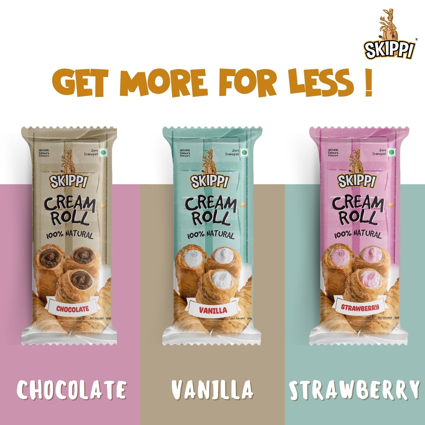 Cream Rolls Skippi Pack of 2,delightful assorted box of 6 rolls(180gm) 2 Vanilla,2 Chocolate & 2 Strawberry Flavor. - Skippi