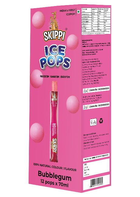 Bubble Gum Flavor Skippi Natural Ice pop,  Pack of 12 Ice Pops - Skippi Ice Pops