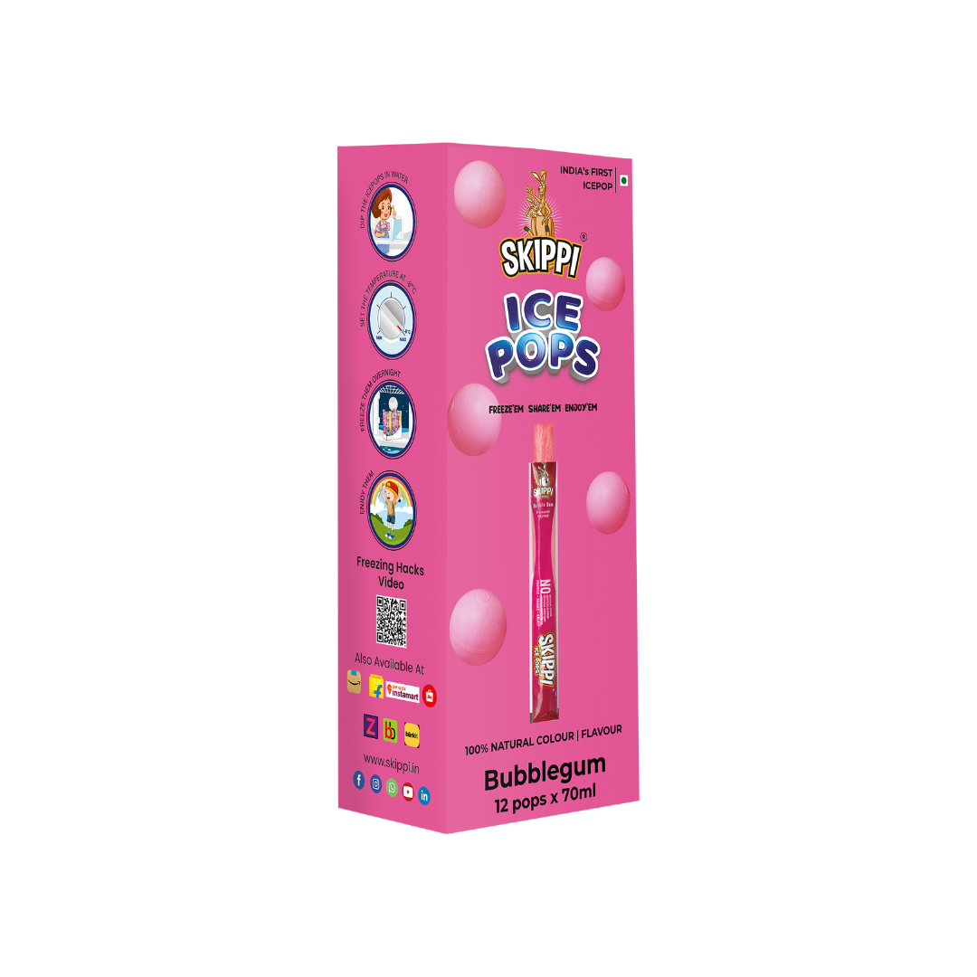 Bubble Gum Flavor Skippi Natural Ice pop, Pack of 12 Ice Pops - Skippi Ice Pops