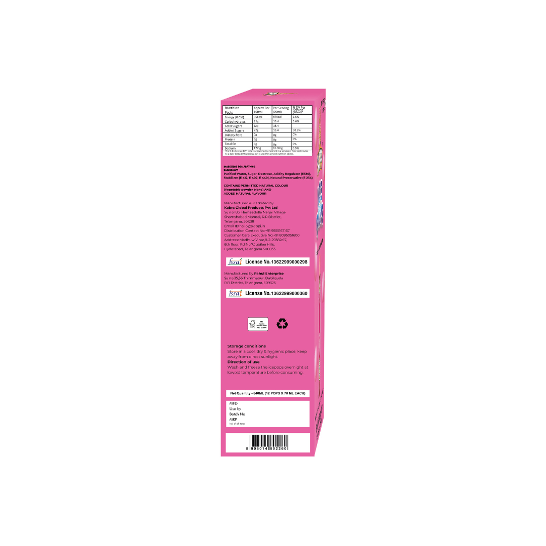 Bubble Gum Flavor Skippi Natural Ice pop, Pack of 12 Ice Pops - Skippi Ice Pops
