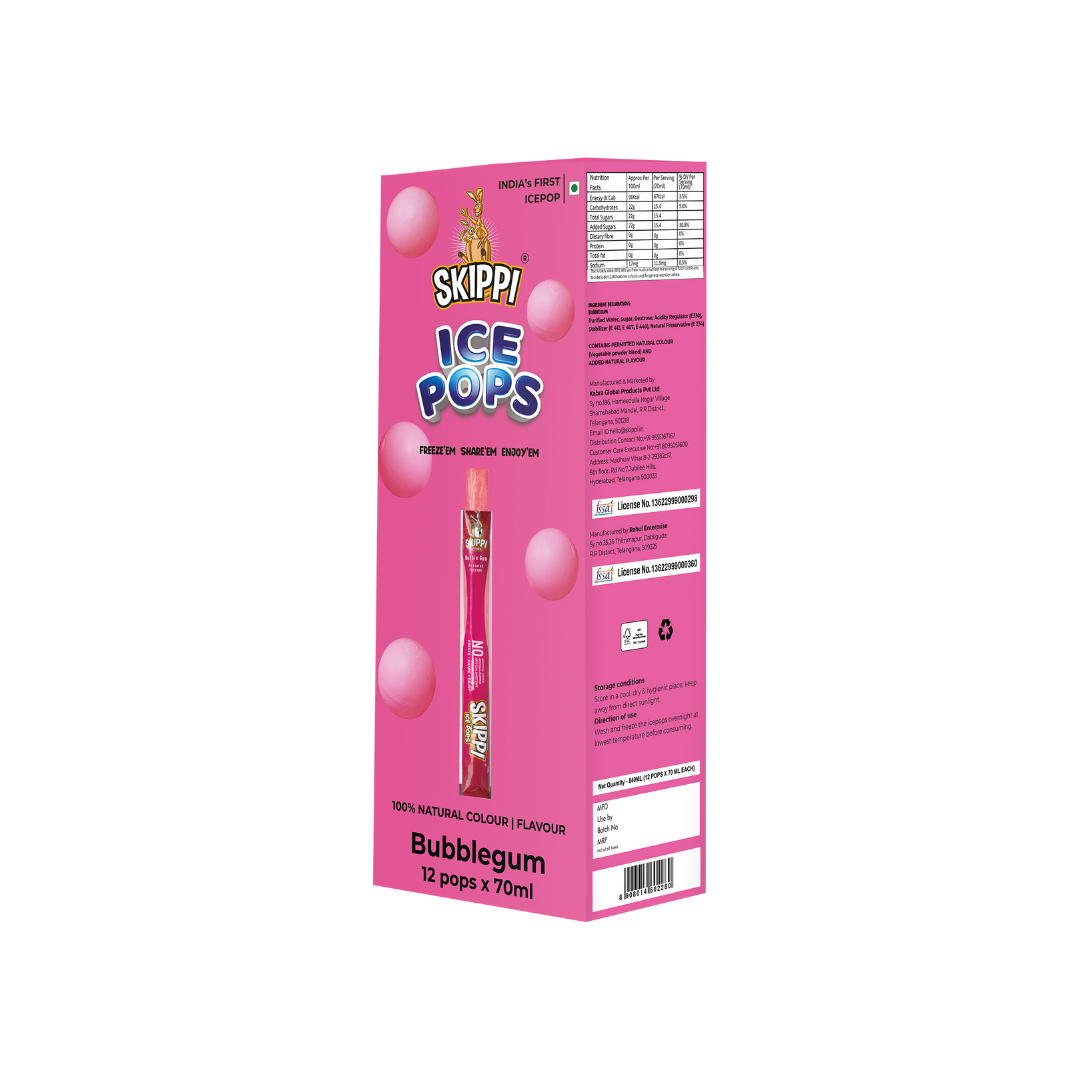 Bubble Gum Flavor Skippi Natural Ice pop, Pack of 12 Ice Pops - Skippi Ice Pops