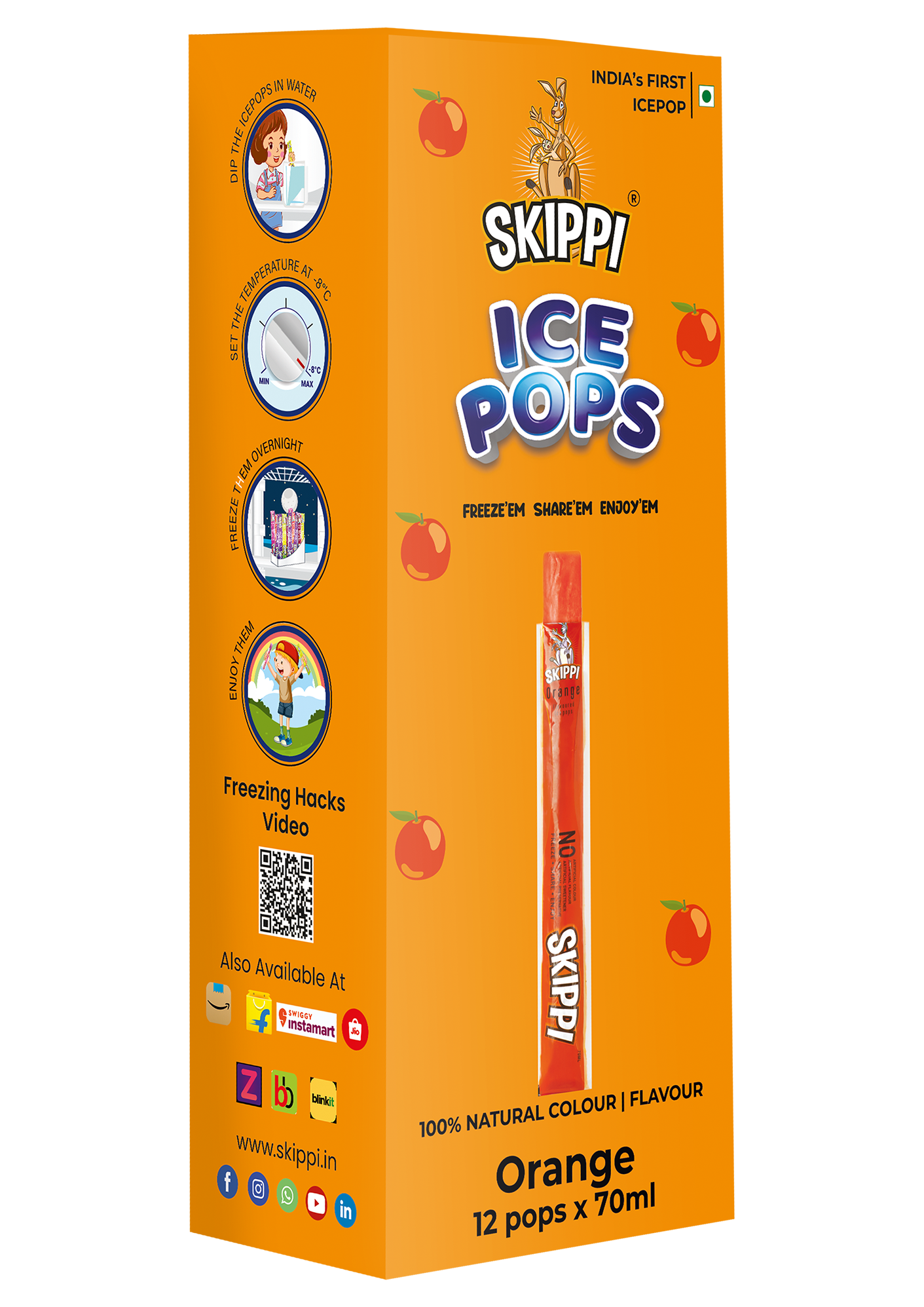 Orange Flavor Skippi Natural Ice Pop, Pack of 12 Ice Pops - Skippi Ice Pops