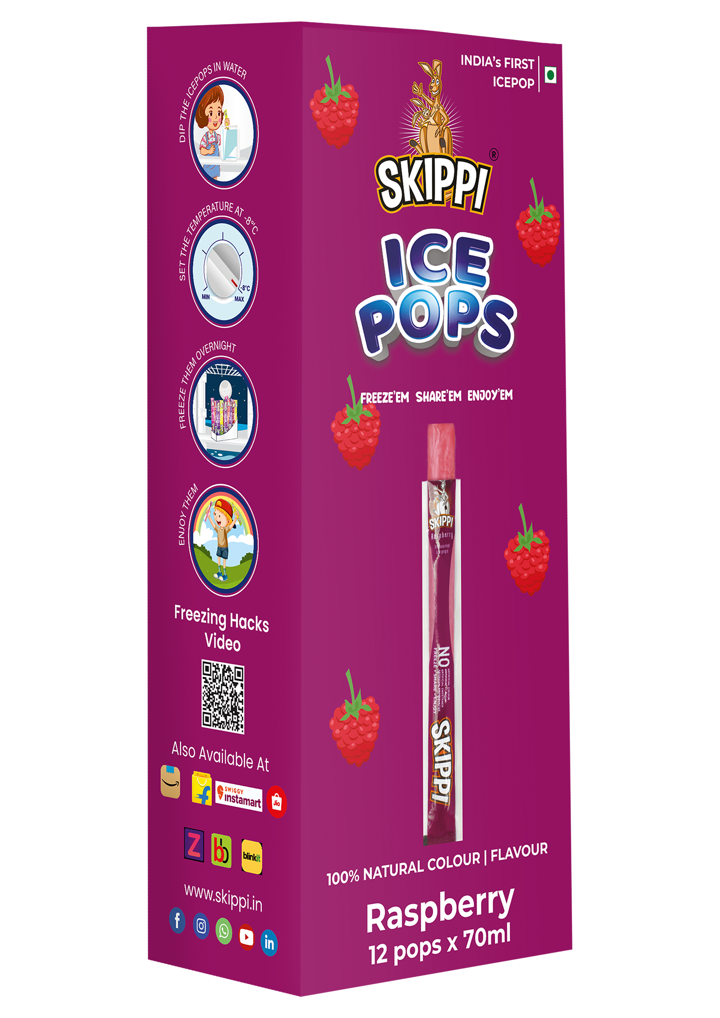 Raspberry Flavor Skippi Natural Ice Pop, Pack Of 12 Ice Pops - Skippi Ice Pops