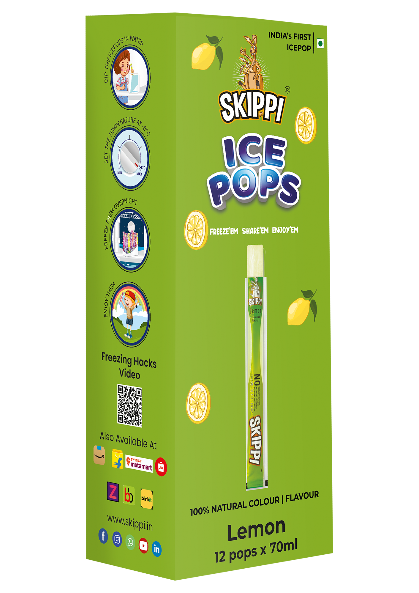 Lemon Flavor Skippi Natural Ice Pop, Pack Of 12 Ice Pops - Skippi Ice Pops