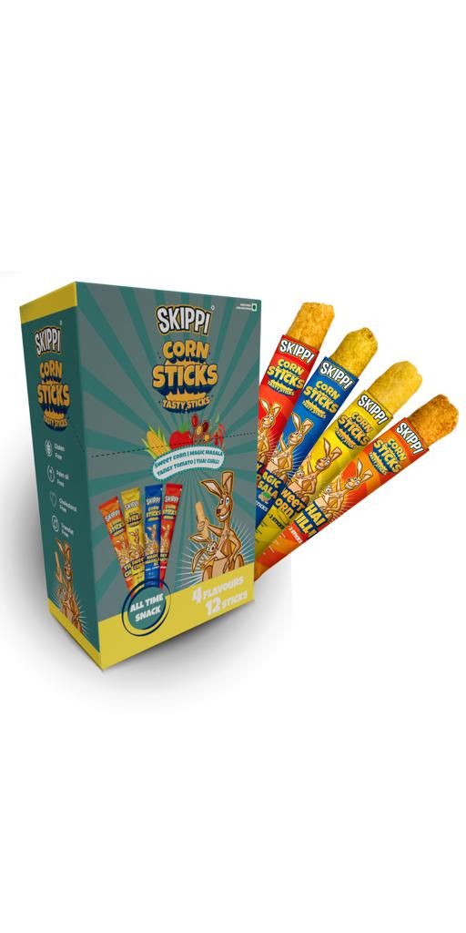 All Time Snack of Skippi Tasty Corn Sticks, Assorted Triple Pack of 4 flavors (Sweet Corn, Magic Masala, Tangy Tomato & Thai Chilli), 144g (12g x 12 Rolls) - Skippi Ice Pops
