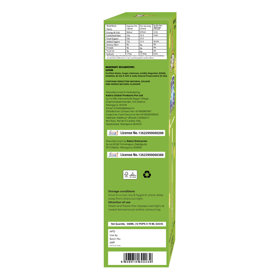 Lemon Flavor Skippi Natural Ice Pop, Pack Of 12 Ice Pops - Skippi Ice Pops