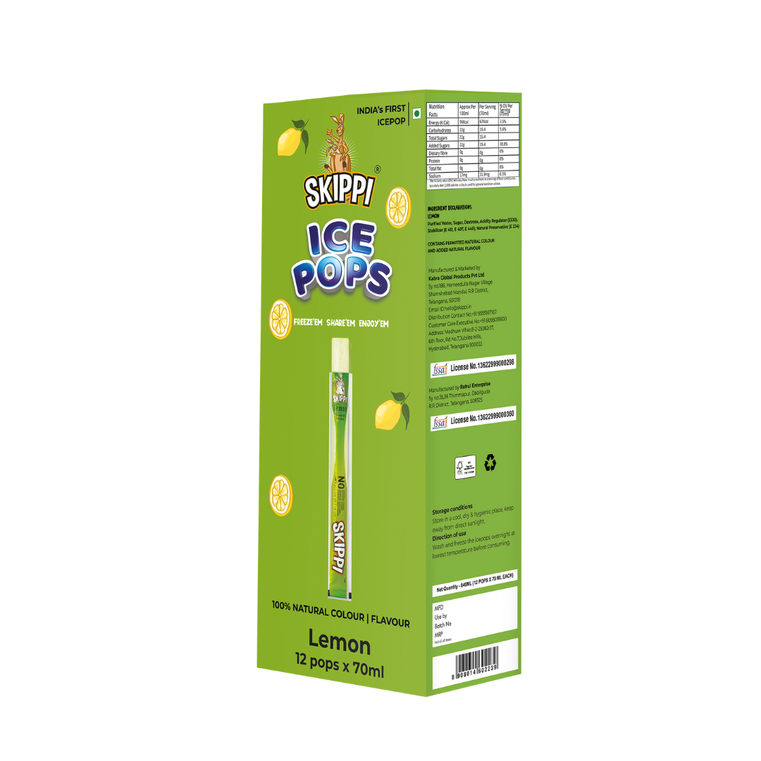 Lemon Flavor Skippi Natural Ice Pop, Pack Of 12 Ice Pops - Skippi Ice Pops