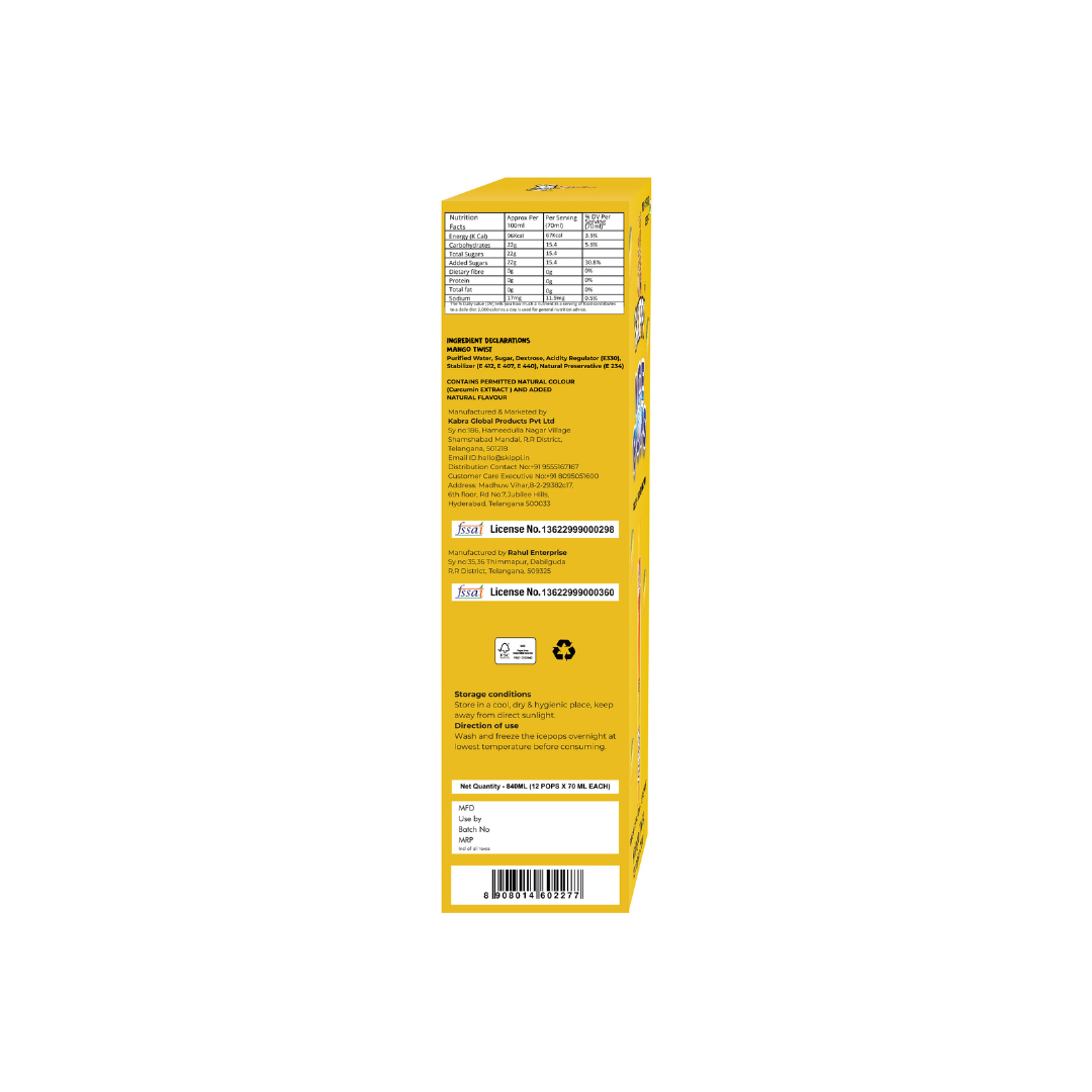 Mango Twist Flavor Skippi Natural Ice Pop, Pack of 12 Ice Pops - Skippi Ice Pops