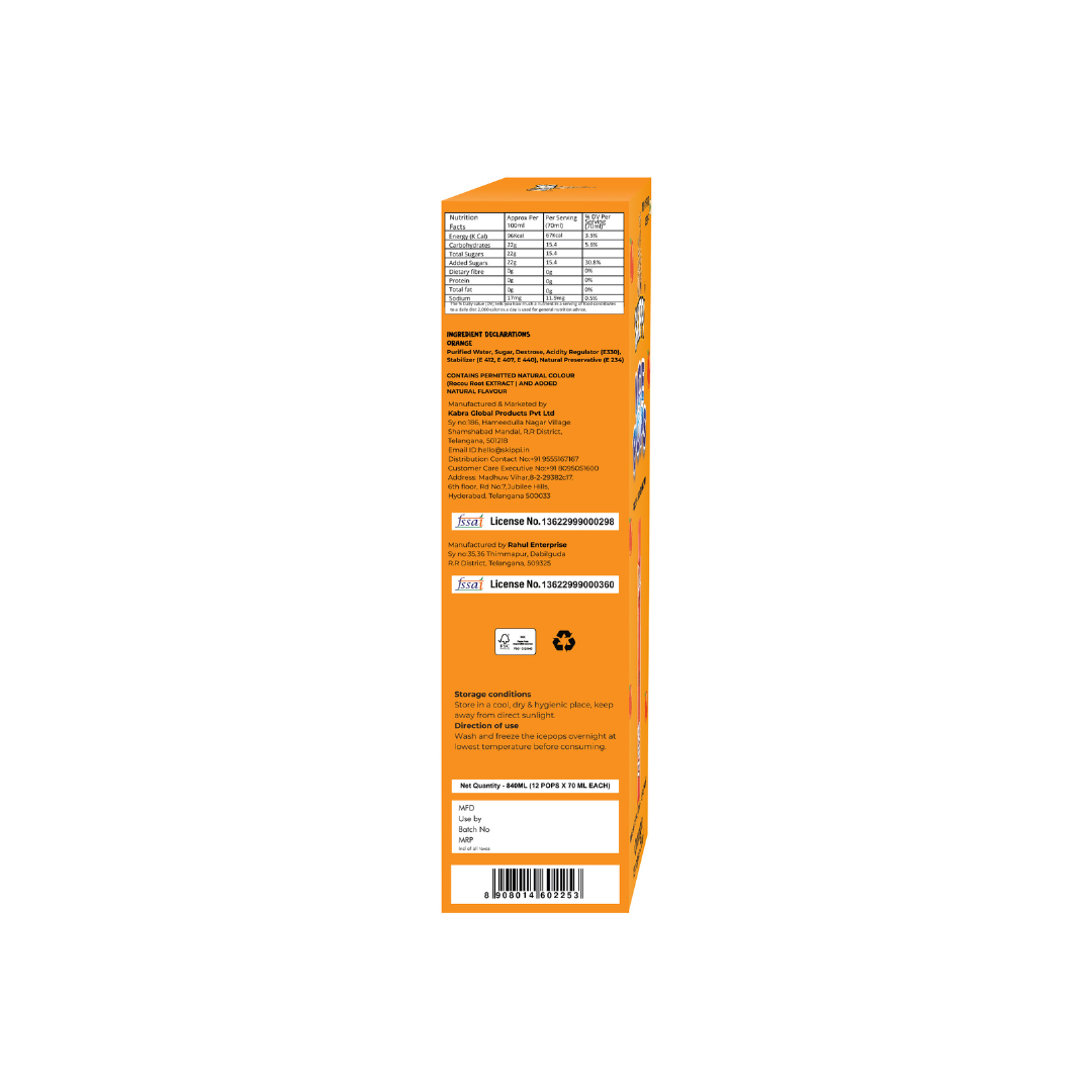 Orange Flavor Skippi Natural Ice Pop, Pack of 12 Ice Pops - Skippi Ice Pops