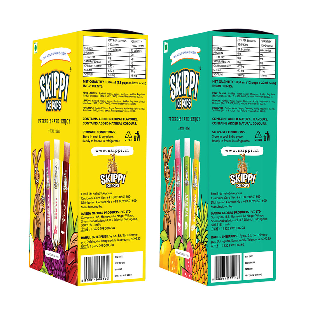 Cola,Lychee,Raspberry,Pink Guava,Lemon and Pineapple Flavor Combo of  small pack of 12 +12 Skippi Natural Icepops of 32 ml each - Skippi Ice Pops