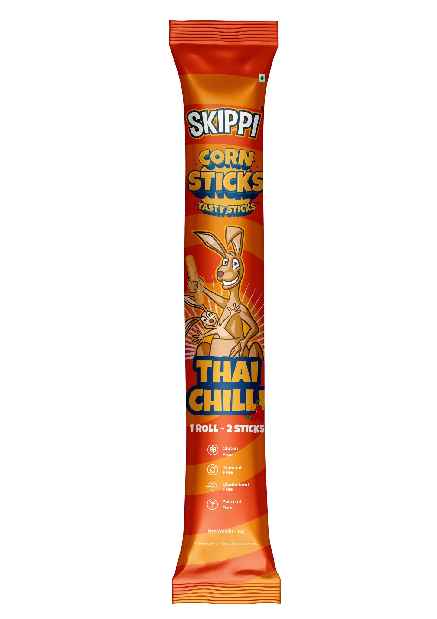 All Time Snack of Skippi Tasty Corn Sticks, Assorted Triple Pack of 4 flavors (Sweet Corn, Magic Masala, Tangy Tomato & Thai Chilli), 144g (12g x 12 Rolls) - Skippi Ice Pops