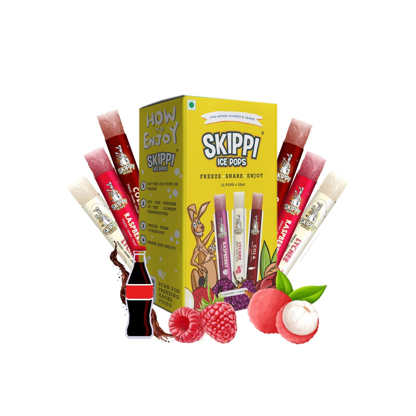 Yellow box of Cola, Lychee, Raspberry Flavor small pack of 12 Skippi Natural Ice Pops of 32 ml 4 sets of 3 flavors