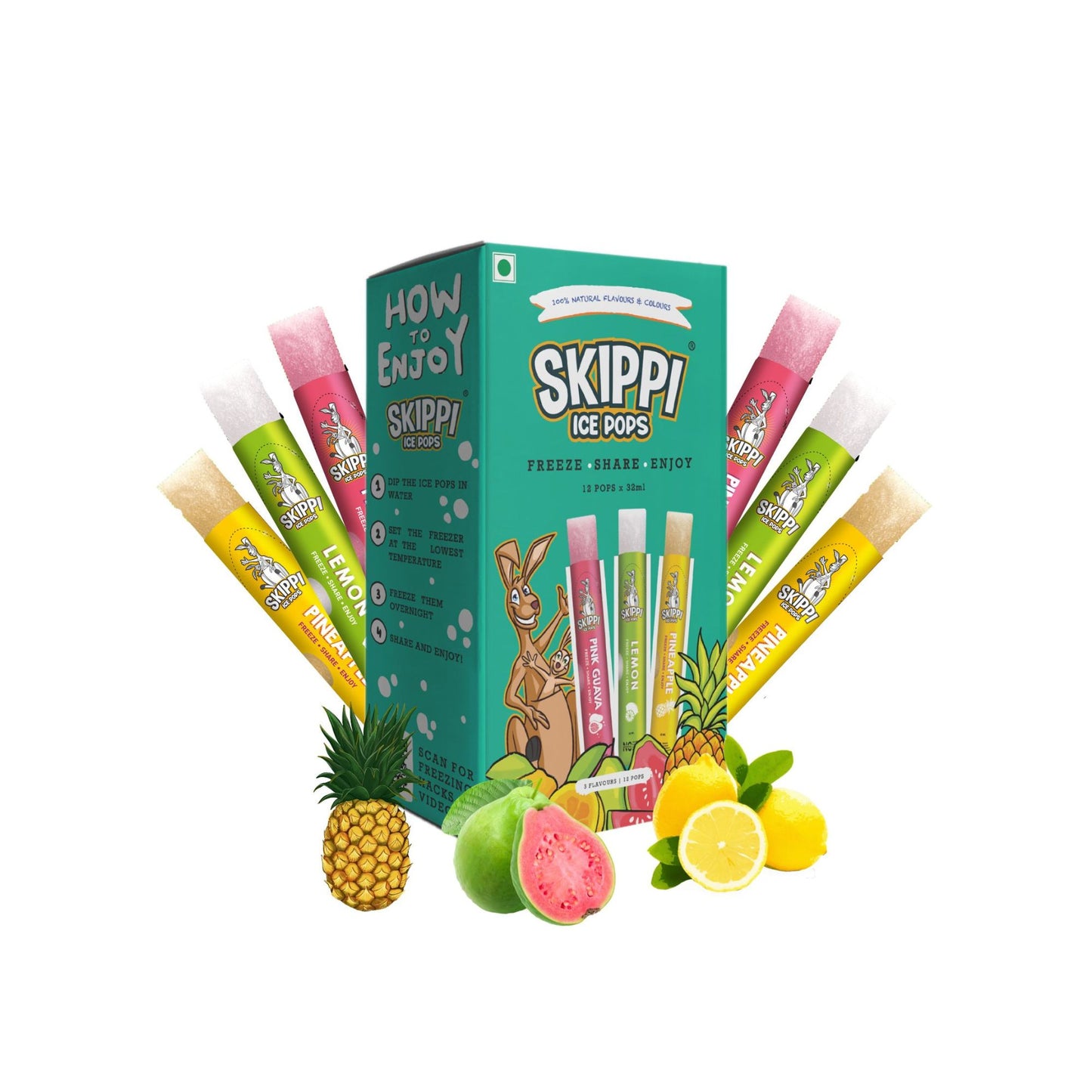 Green small box of Pink Guava,Lemon and Pineapple Flavor small pack of 12 Skippi Ice pops of 32 ml, 4 sets of 3 flavors