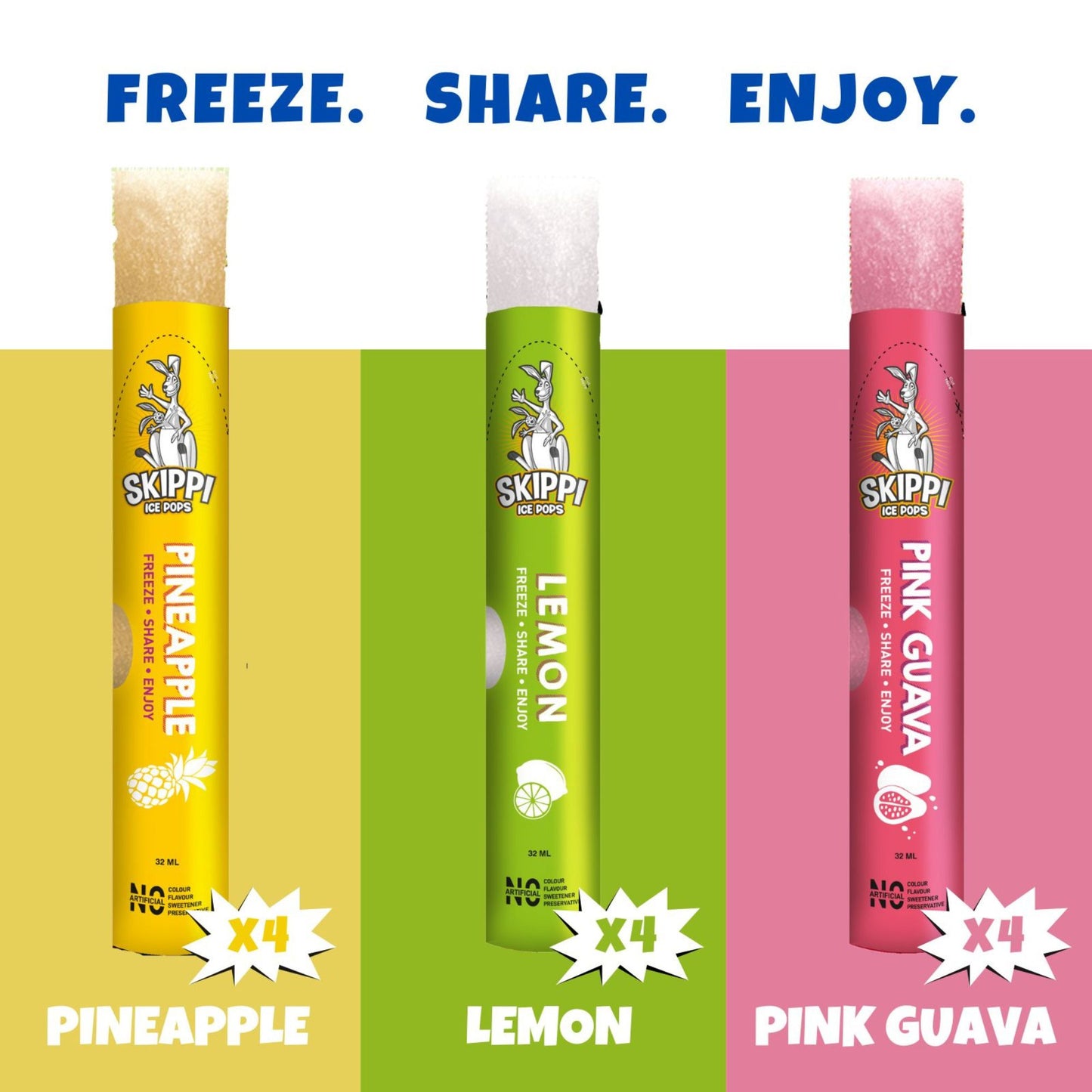 Green small box of Pink Guava,Lemon and Pineapple Flavor small pack of 12 Skippi Ice pops of 32 ml, 4 sets of 3 flavors