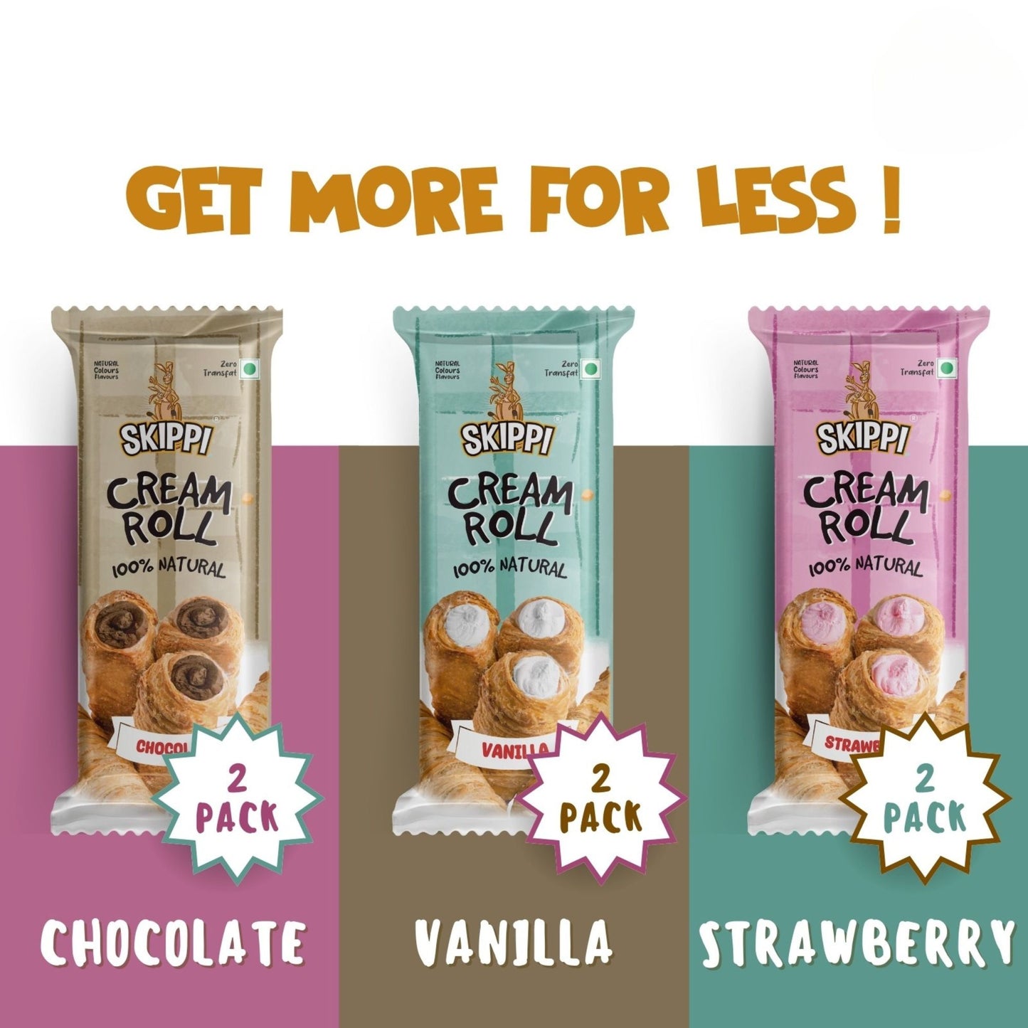 Cream Rolls Skippi,delightful assorted box of 6 rolls(180gm) 2 Vanilla,2 Chocolate & 2 Strawberry Flavor, Pack of 1