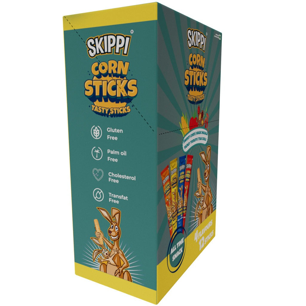 Box of Skippi Corn Sticks (Sweet Corn, Thai Chilli, Magic Masala, and Tangy Tomato)