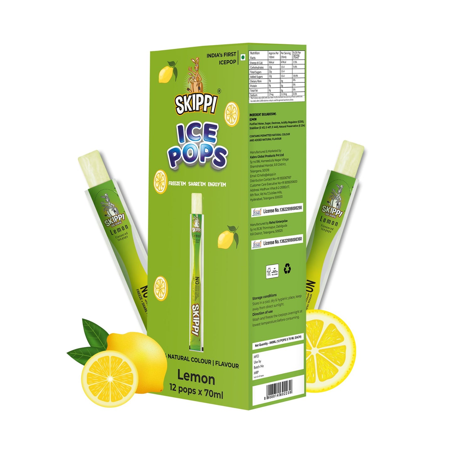 Skippi Lemon Flavor Ice Pop, Case of 10 Units