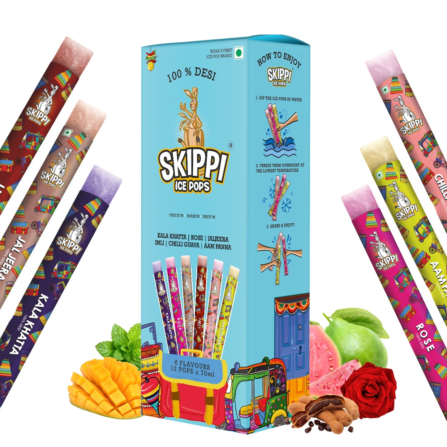 Magic Pin Exclusive All Desi Flavour Box of Skippi Ice Pops, Kala Khatta, Rose, Jaljeera, Imli, Chilli Guava, Aam Panna ( 2 Qty of 6 Indian flavours, 12 Ice pops X 70ml each)