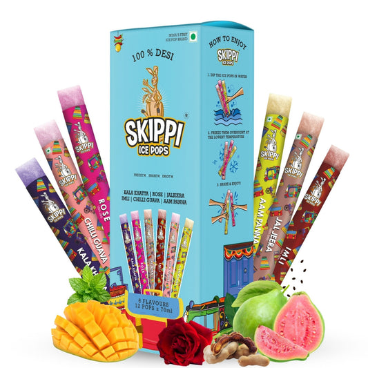 All Desi Flavour Box of Skippi Ice Pops, Kala Khatta, Rose, Jaljeera, Imli, Chilli Guava, Aam Panna ( 2 Qty of 6 Indian flavours, 12 Ice pops X 70ml each)
