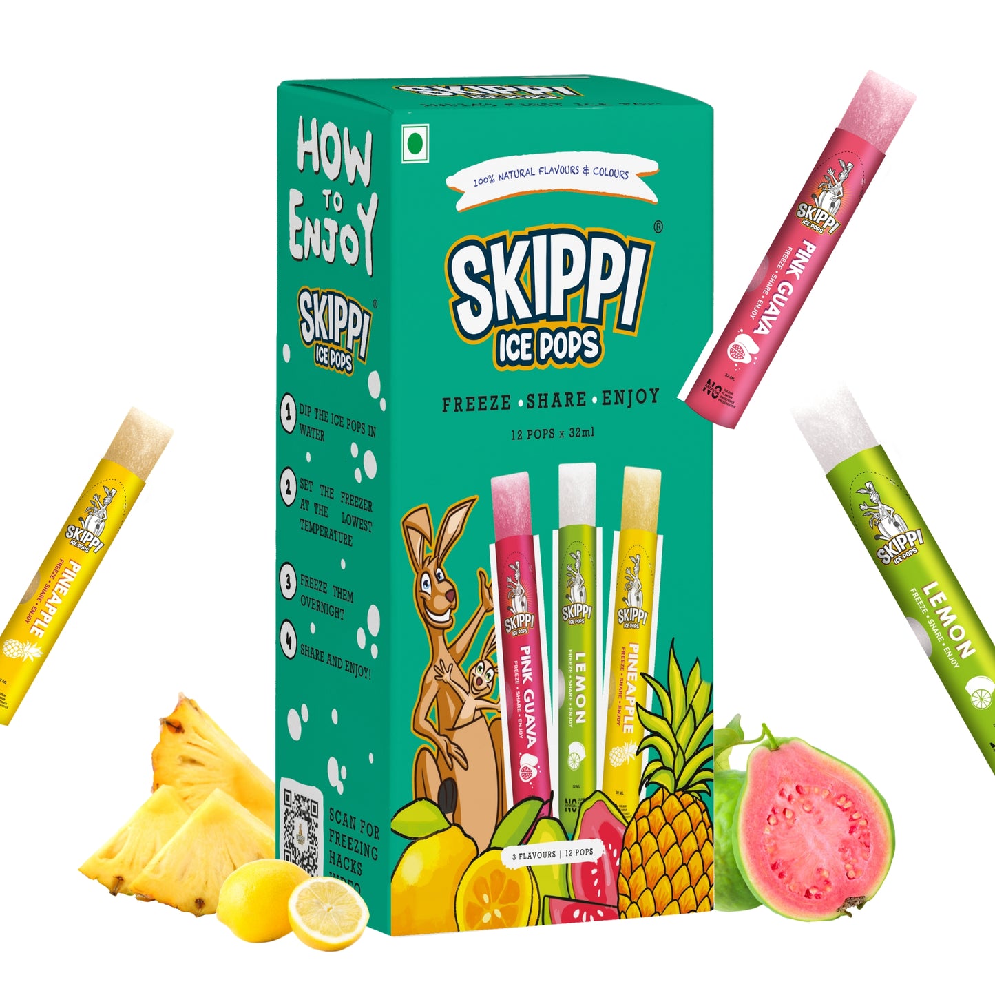 Paytm Exclusive Green small pack of Pink Guava, Lemon and Pineapple Flavor 12 Skippi Natural Ice Pops of 32 ml, 4 sets of 3 flavors