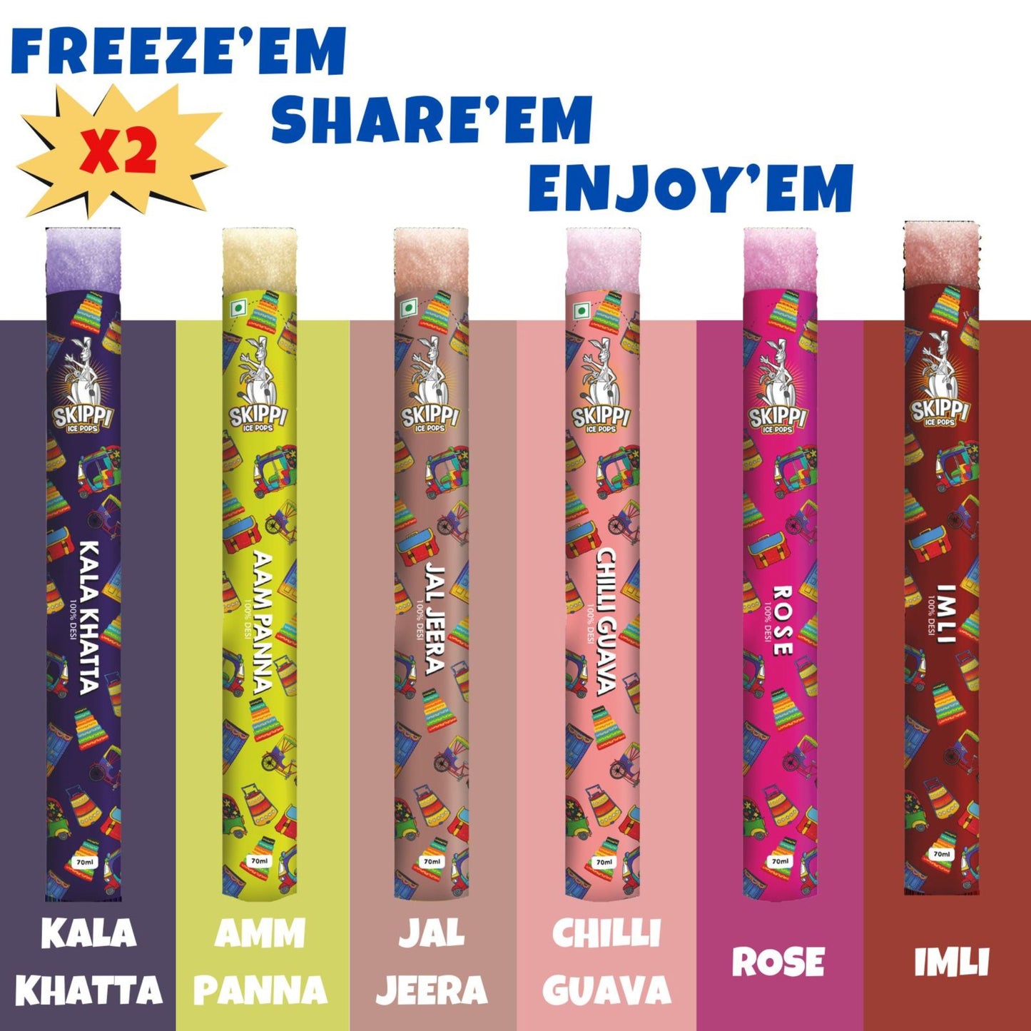 All Desi Flavour Box of Skippi Ice Pops, Kala Khatta, Rose, Jaljeera, Imli, Chilli Guava, Aam Panna ( 2 Qty of 6 Indian flavours, 12 Ice pops X 70ml each)