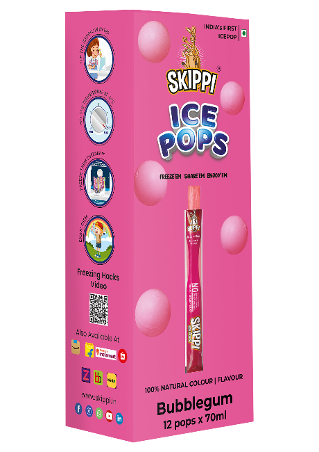 Bubble Gum Flavor Skippi Natural Ice pop,  Pack of 12 Ice Pops - Skippi Ice Pops