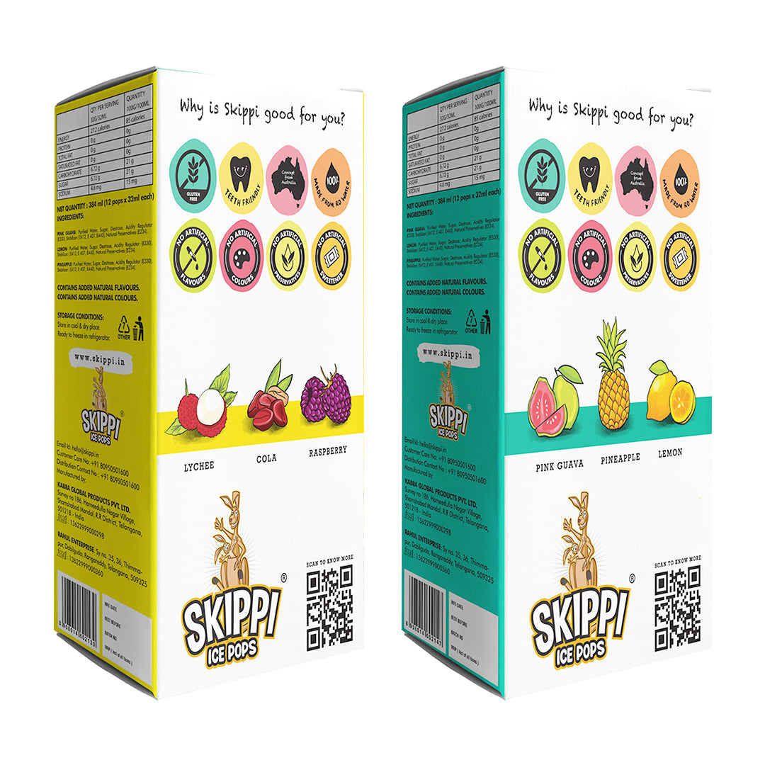 Cola,Lychee,Raspberry,Pink Guava,Lemon and Pineapple Flavor Combo of  small pack of 12 +12 Skippi Natural Icepops of 32 ml each - Skippi Ice Pops