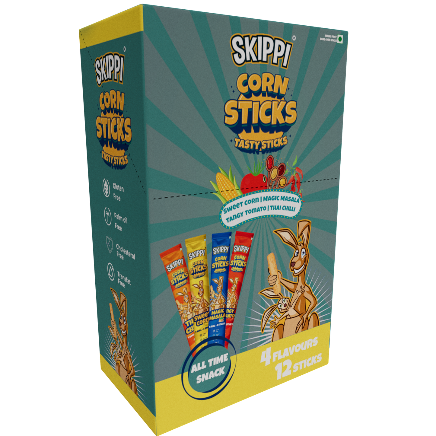 (12 Sticks)All Time Snack of Skippi Tasty Corn Sticks, 4 flavors (Sweet Corn, Magic Masala, Tangy Tomato & Thai Chilli), 144g (12g x 12 Rolls) - Skippi