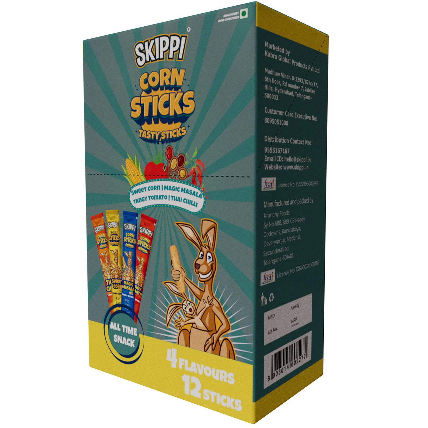 (12 Sticks)All Time Snack of Skippi Tasty Corn Sticks, 4 flavors (Sweet Corn, Magic Masala, Tangy Tomato & Thai Chilli), 144g (12g x 12 Rolls)