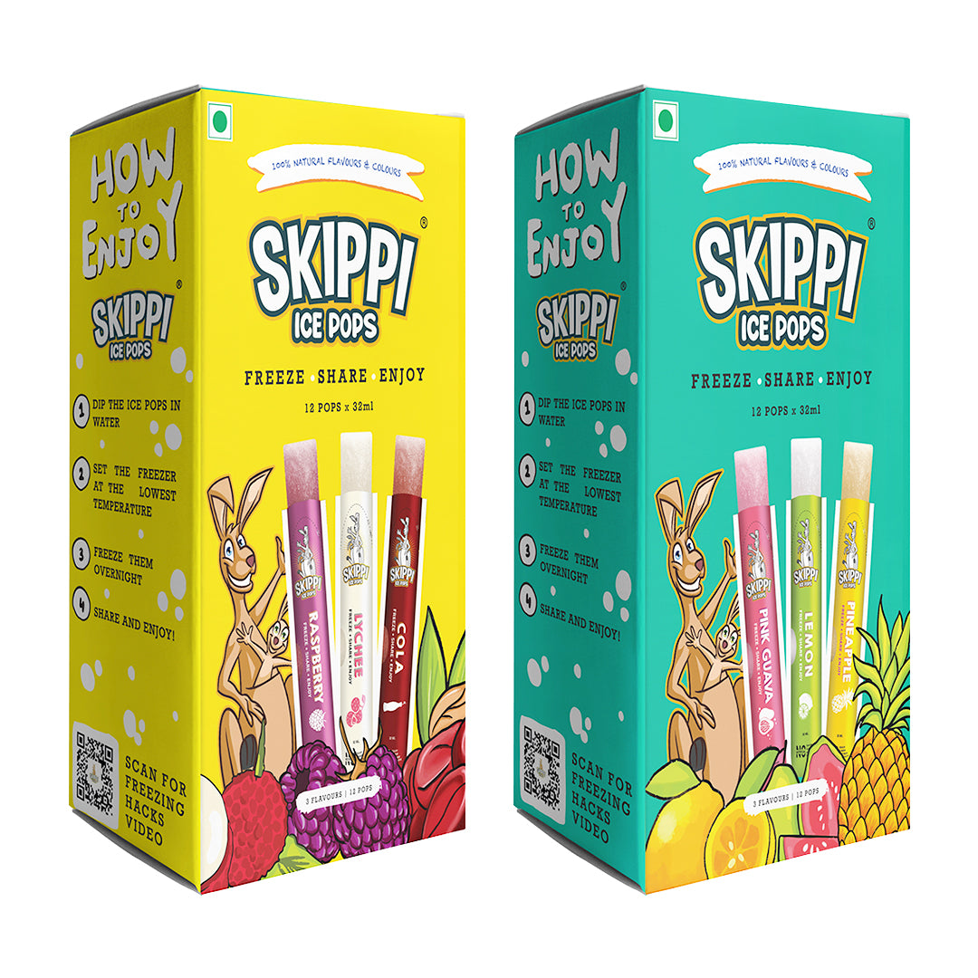 Cola,Lychee,Raspberry,Pink Guava,Lemon and Pineapple Flavor Combo of  small pack of 12 +12 Skippi Natural Icepops of 32 ml each - Skippi Ice Pops