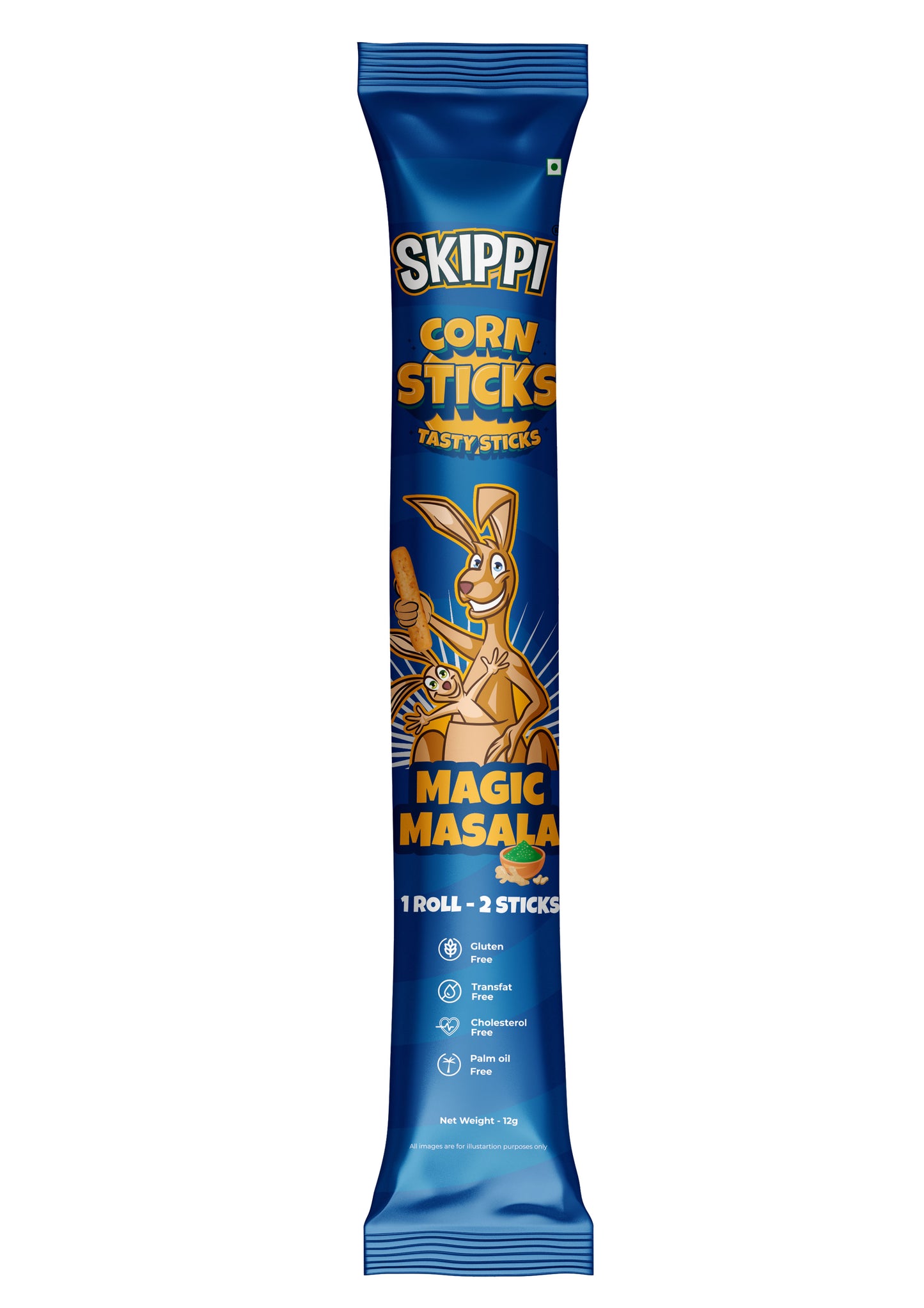 All Time Snack of Skippi Tasty Corn Sticks, Assorted Triple Pack of 4 flavors (Sweet Corn, Magic Masala, Tangy Tomato & Thai Chilli), 144g (12g x 12 Rolls) - Skippi Ice Pops