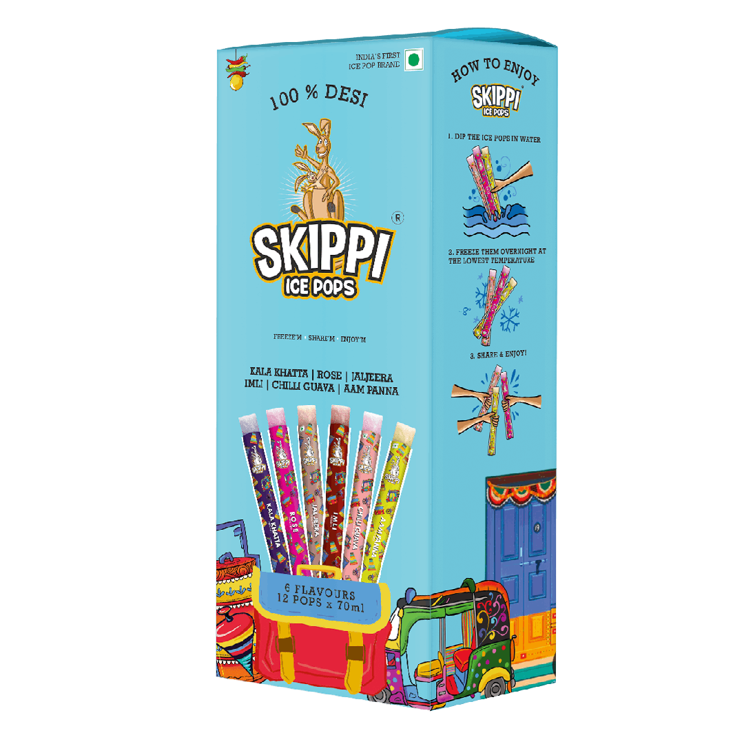 Box of Desi Indian Iconic Flavors Skippi Ice Pops (Kala Khatta, Rose, Jaljeera, Imli, Chilli Guava, Aam Panna)