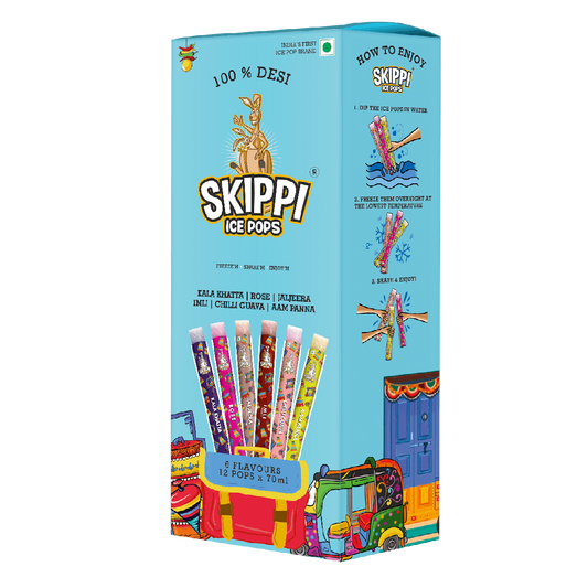 Box of Desi Indian Iconic Flavors Skippi Ice Pops (Kala Khatta, Rose, Jaljeera, Imli, Chilli Guava, Aam Panna)