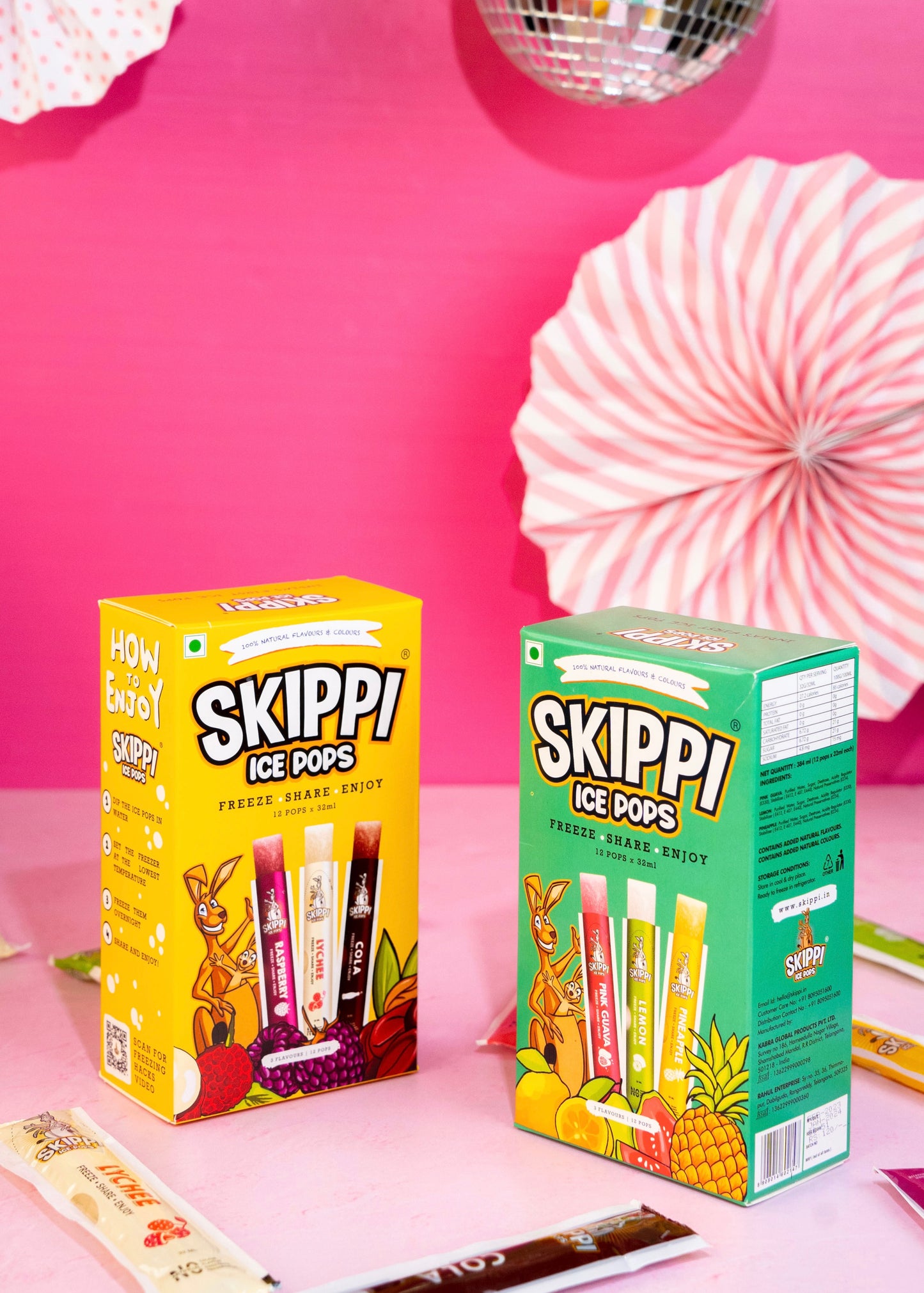 Cola,Lychee,Raspberry,Pink Guava,Lemon and Pineapple Flavor Combo of  small pack of 12 +12 Skippi Natural Icepops of 32 ml each - Skippi Ice Pops